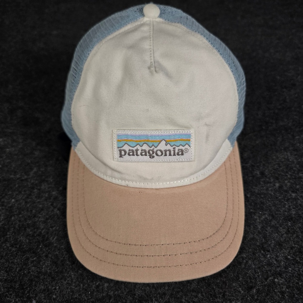 Patagonia P-6 Logo Trucker Hat Blue White Mesh Organic Cotton Hiking Snapback